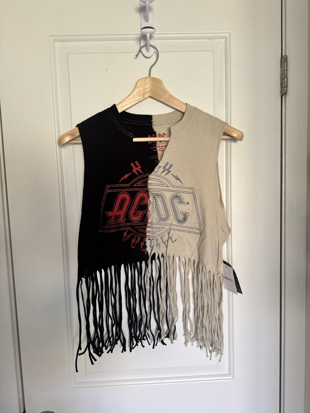Forever 21 AC/DC Two-Tone Fringe Muscle Tank Band Tee Rock Concert NWT M